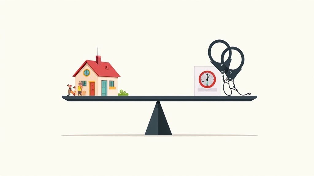 A balanced scale showing a house and family on one side, and a clock with handcuffs on the other.