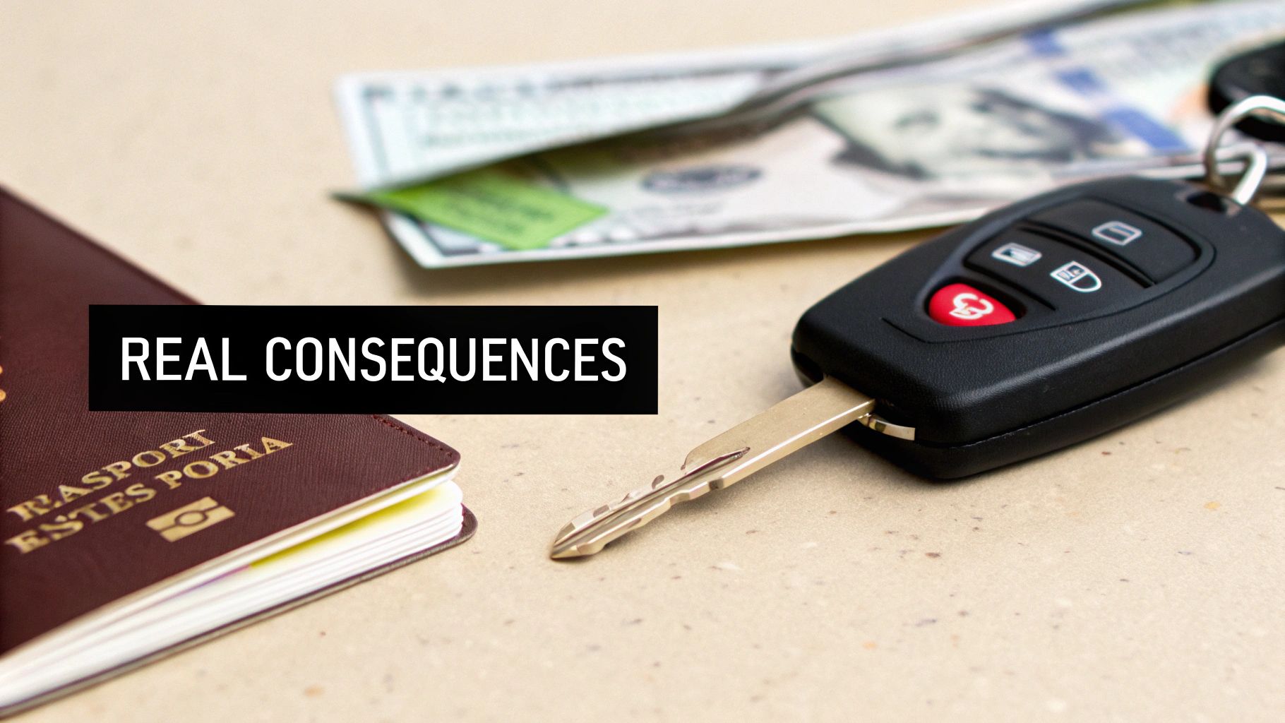 A passport, car key, and cash on a table with 'REAL CONSEQUENCES' text, symbolizing legal outcomes.