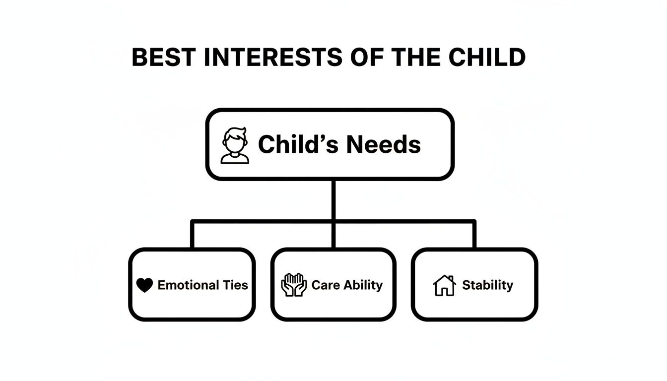 A flowchart titled 'Best Interests of the Child' illustrating Child's Needs, supported by Emotional Ties, Care Ability, and Stability.