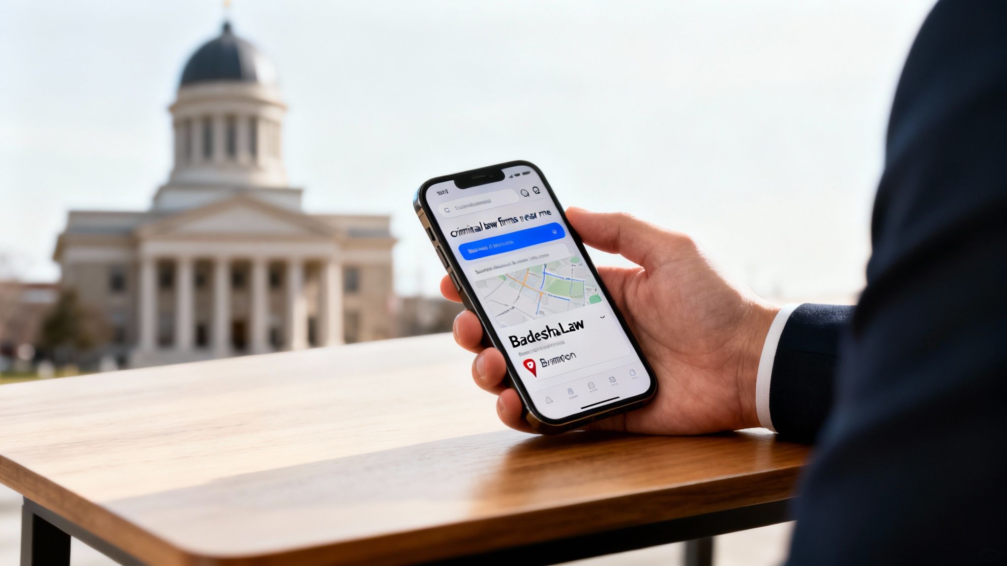 A hand holds a smartphone displaying a search for 'criminal law firms near me' showing Badesha Law, with a blurred courthouse in the background.
