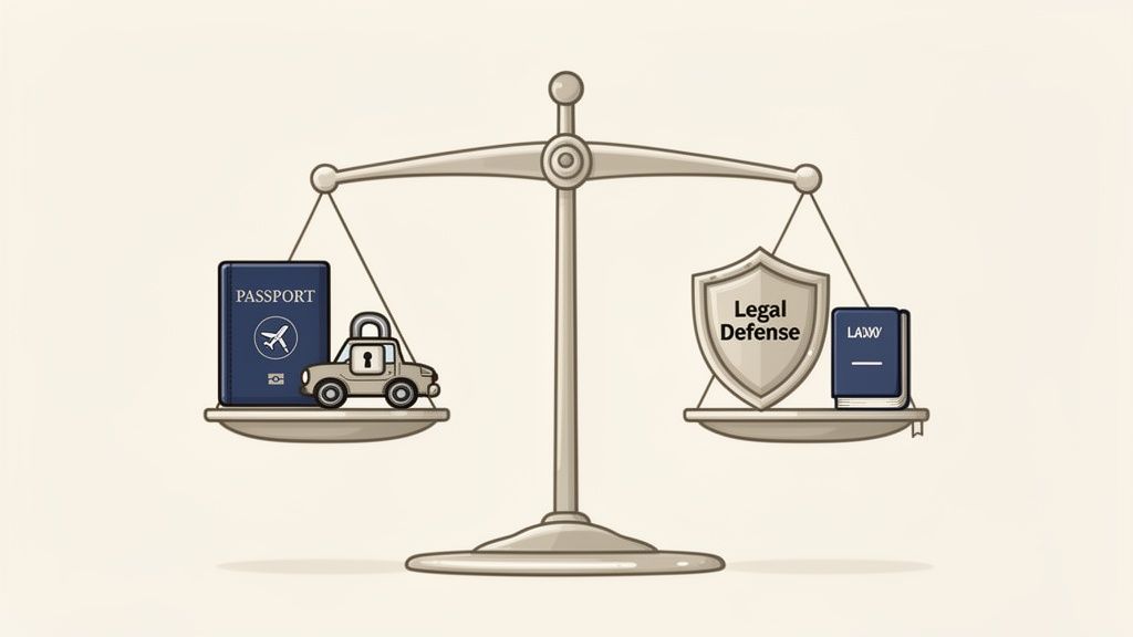 Legal scales showing passport and locked car balanced against a legal defense shield and law book.