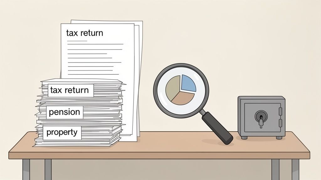 Documents labeled tax return, pension, and property are reviewed with a magnifying glass and a safe.