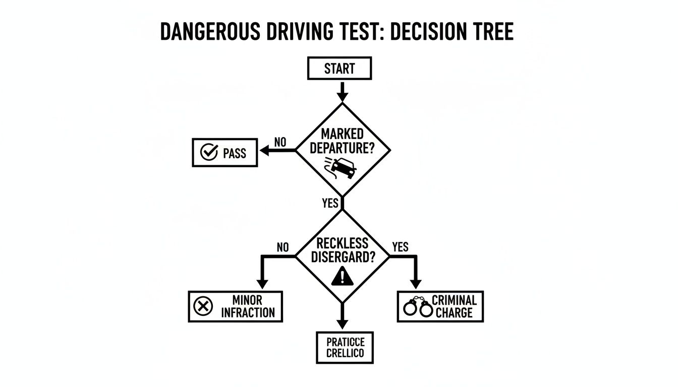 A decision tree flowchart for dangerous driving, evaluating marked departure and reckless disregard leading to outcomes.