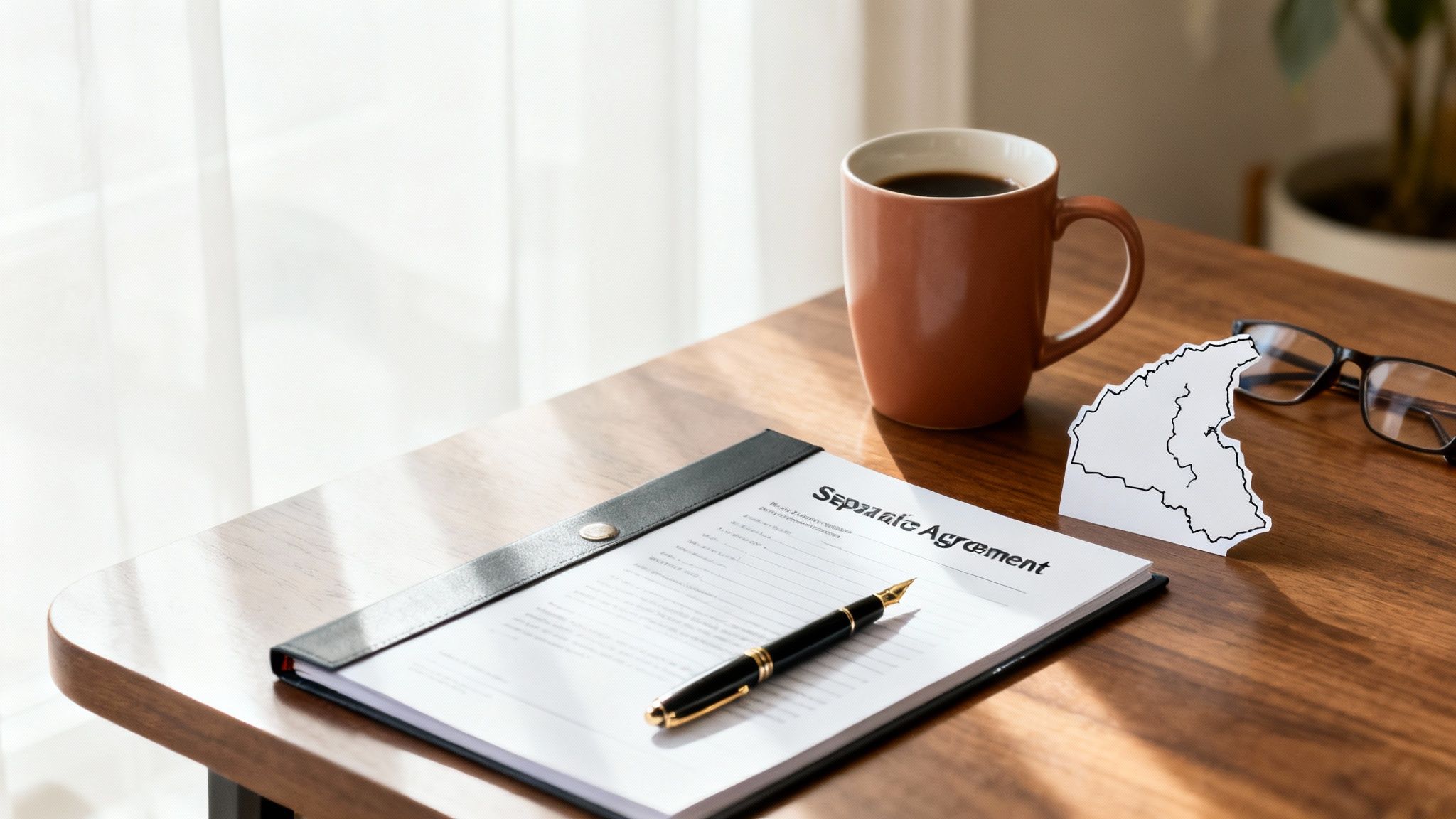 A separation agreement document, a pen, coffee, glasses, and a map of Ontario on a wooden desk.