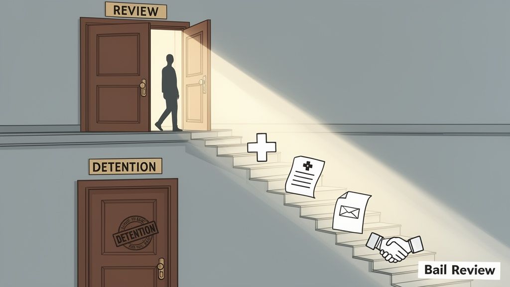 Visualizing the bail review process with a person choosing 'Review' over 'Detention' via a staircase of documents.