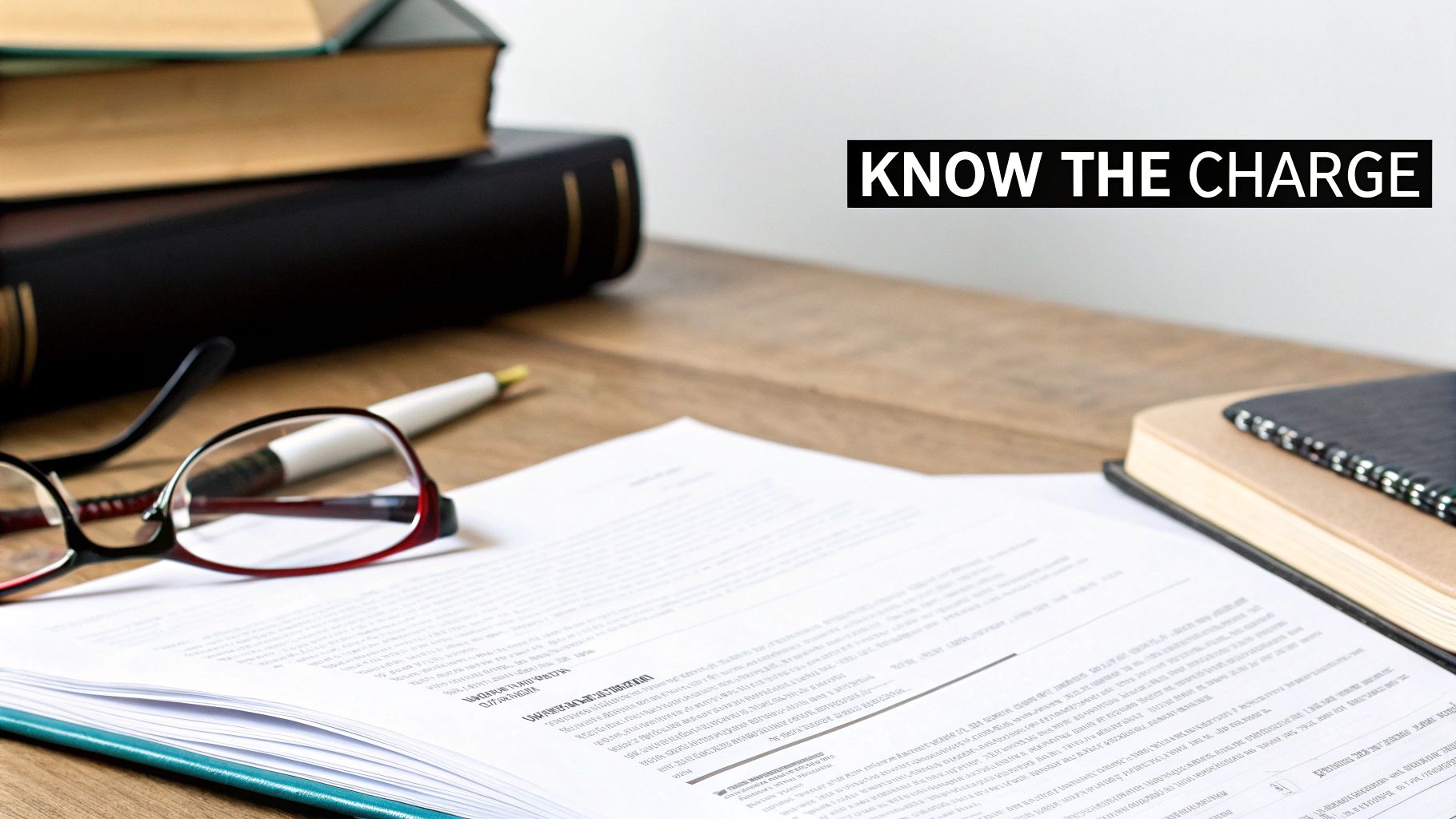 A legal desk setup with open documents, books, reading glasses, and a pen. Text overlay reads 'KNOW THE CHARGE'.