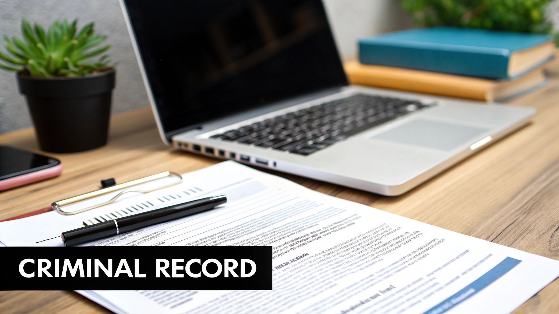 Desk setup with laptop, documents, pen, and books, highlighting 'CRIMINAL RECORD' text.
