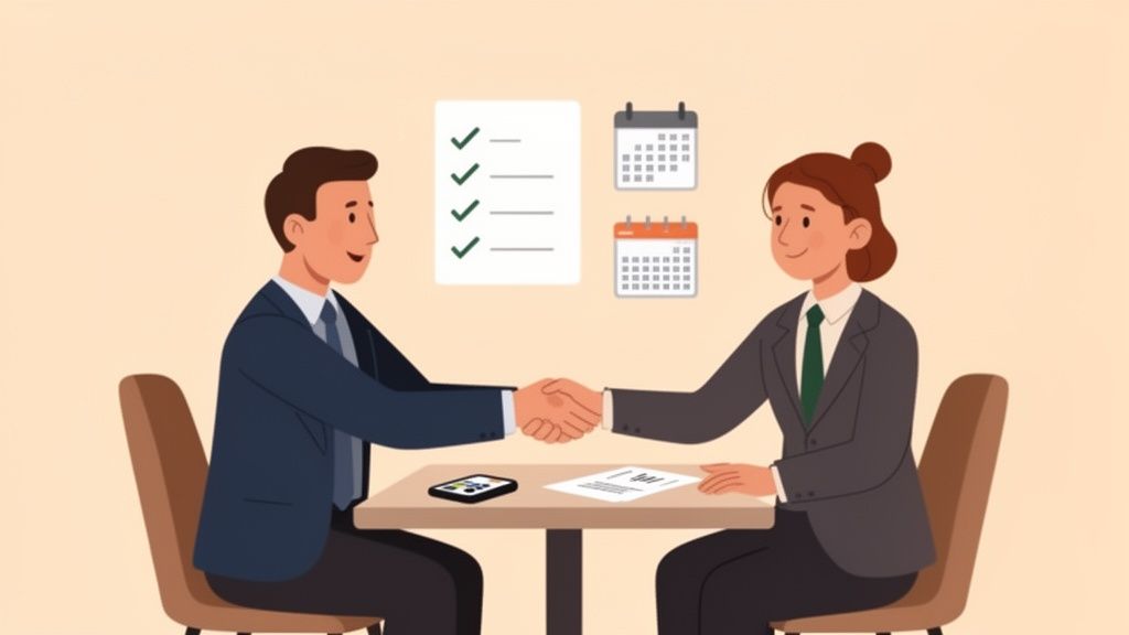 Two business professionals, a man and a woman, shaking hands across a table after an agreement.