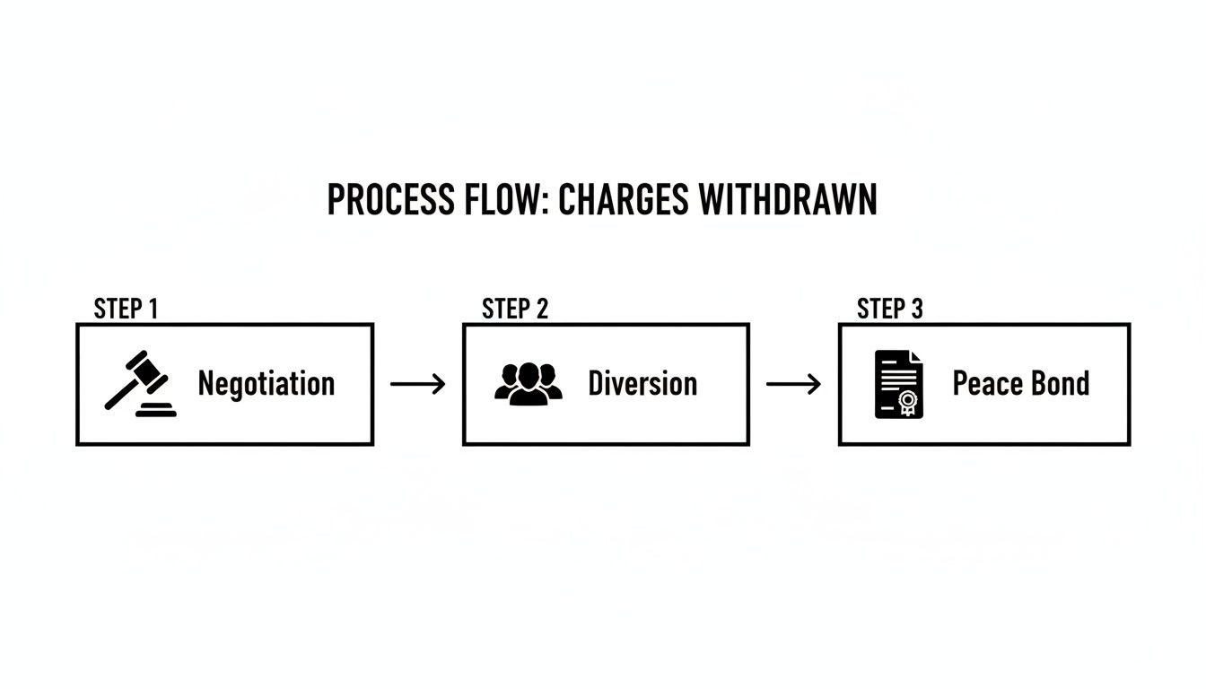A flowchart illustrates the process for charges being withdrawn: Negotiation, Diversion, Peace Bond.