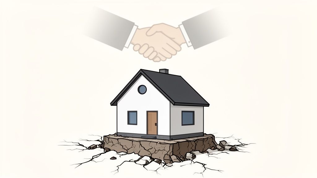 Illustration of two hands shaking above a house on cracked ground, representing a property deal.