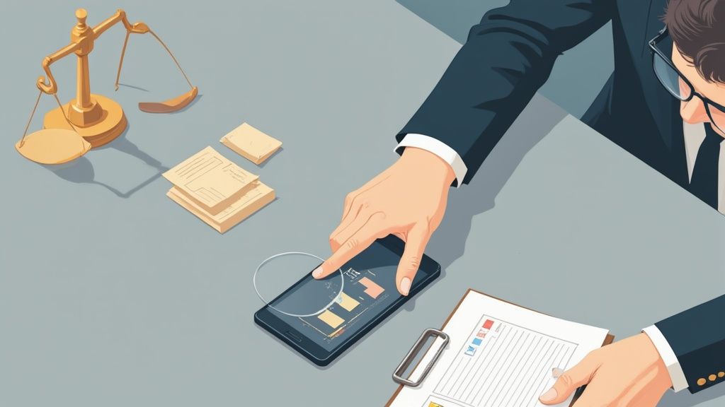 A person in a suit analyzes data on a smartphone, with scales of justice and documents nearby.
