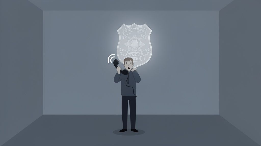 A distressed man is on the phone with a glowing police badge behind him in a dark room.