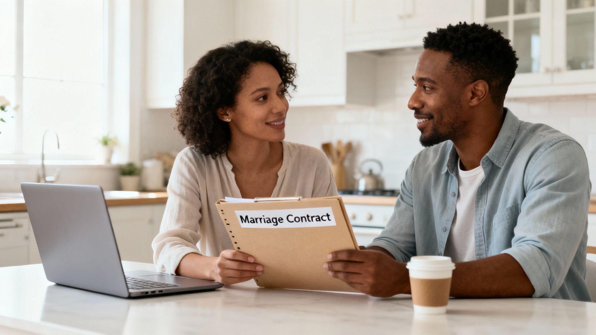 A smiling Black couple reviews a marriage contract file at their kitchen counter with a laptop.