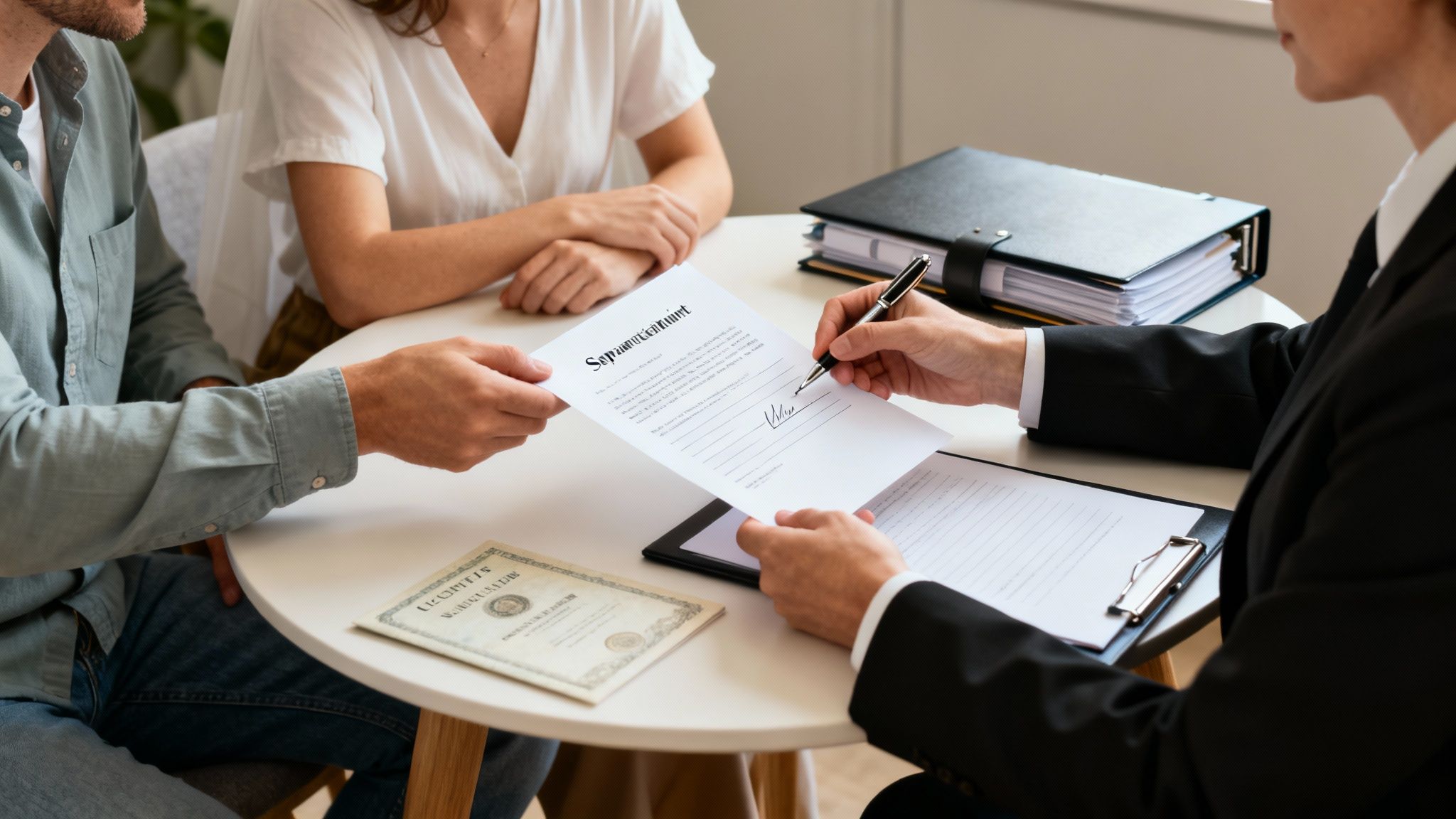 A lawyer helps a couple sign divorce papers at a table, finalizing their agreement.