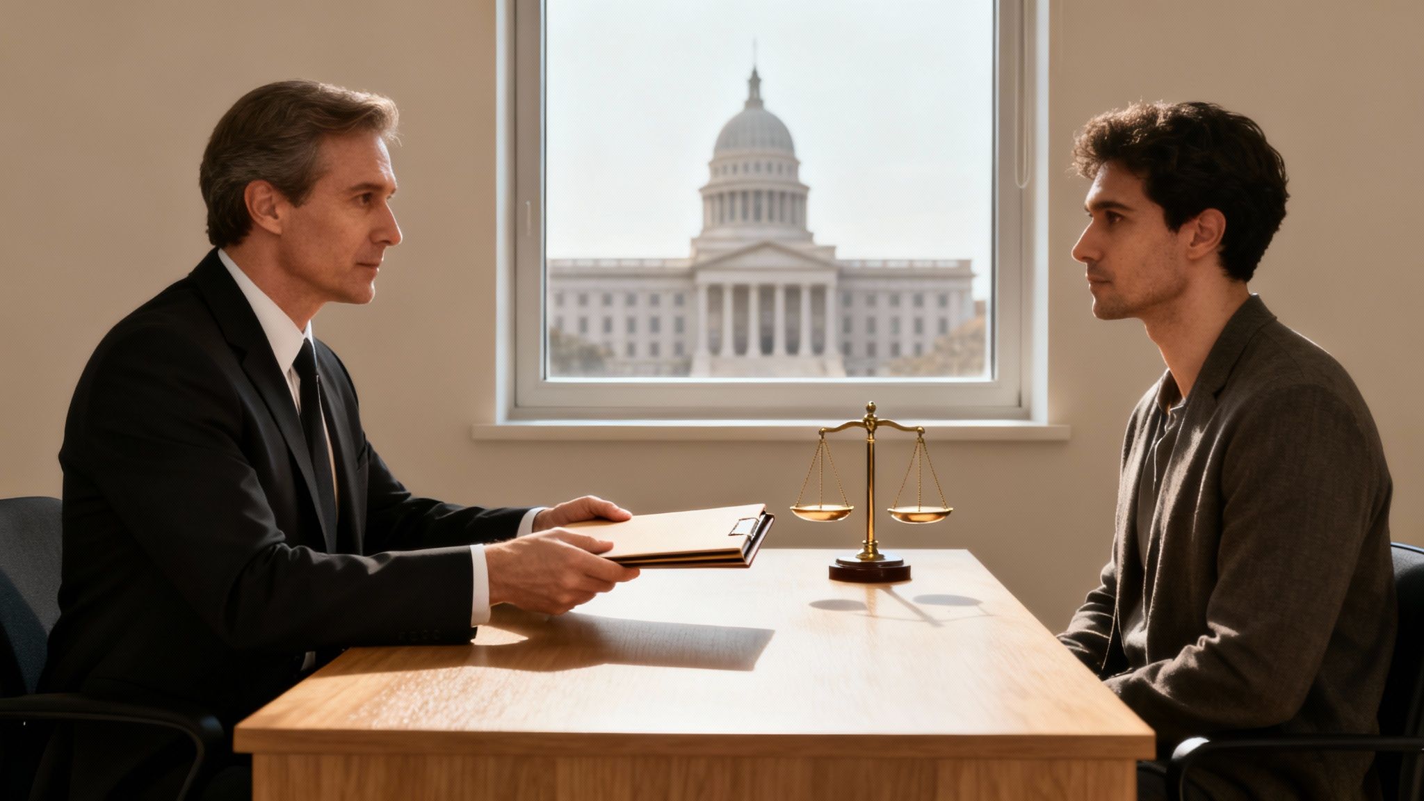 A lawyer consults with a client at a desk with a scale of justice and courthouse view.
