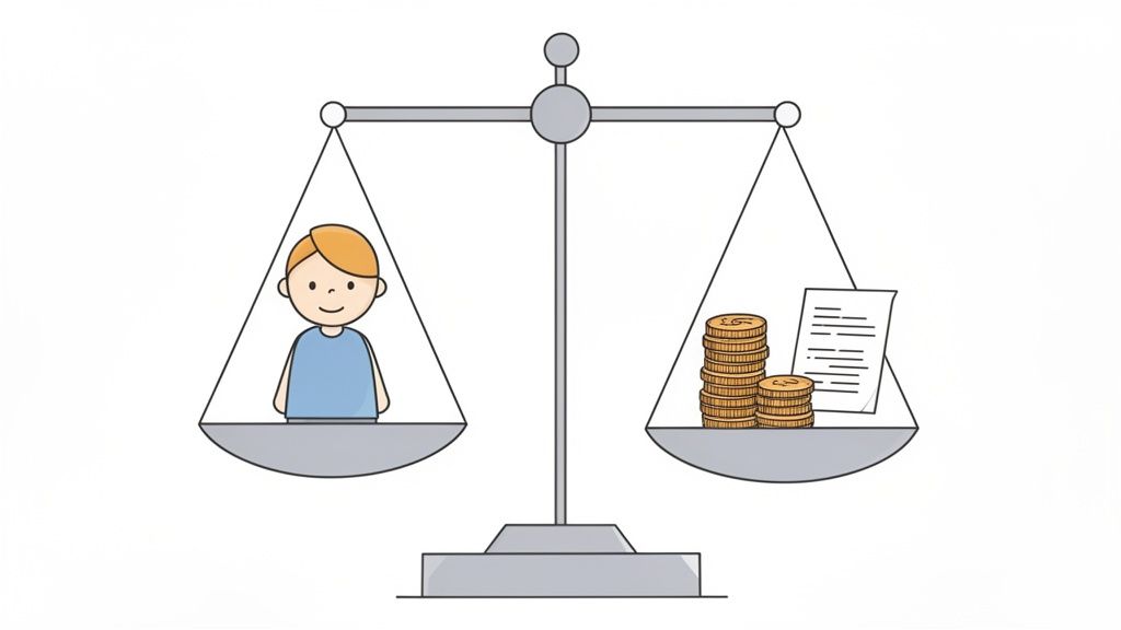 A balanced scale comparing a person's importance with stacks of money and a legal document.