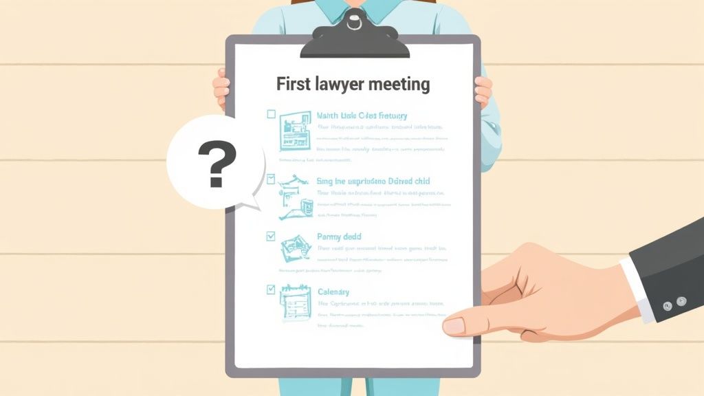 A person holds a clipboard titled 'First lawyer meeting,' with another hand pointing and a question mark.