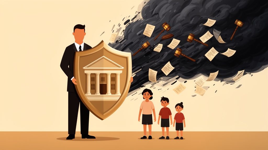 A man in a suit shields children with a courthouse shield from falling legal papers and gavels.