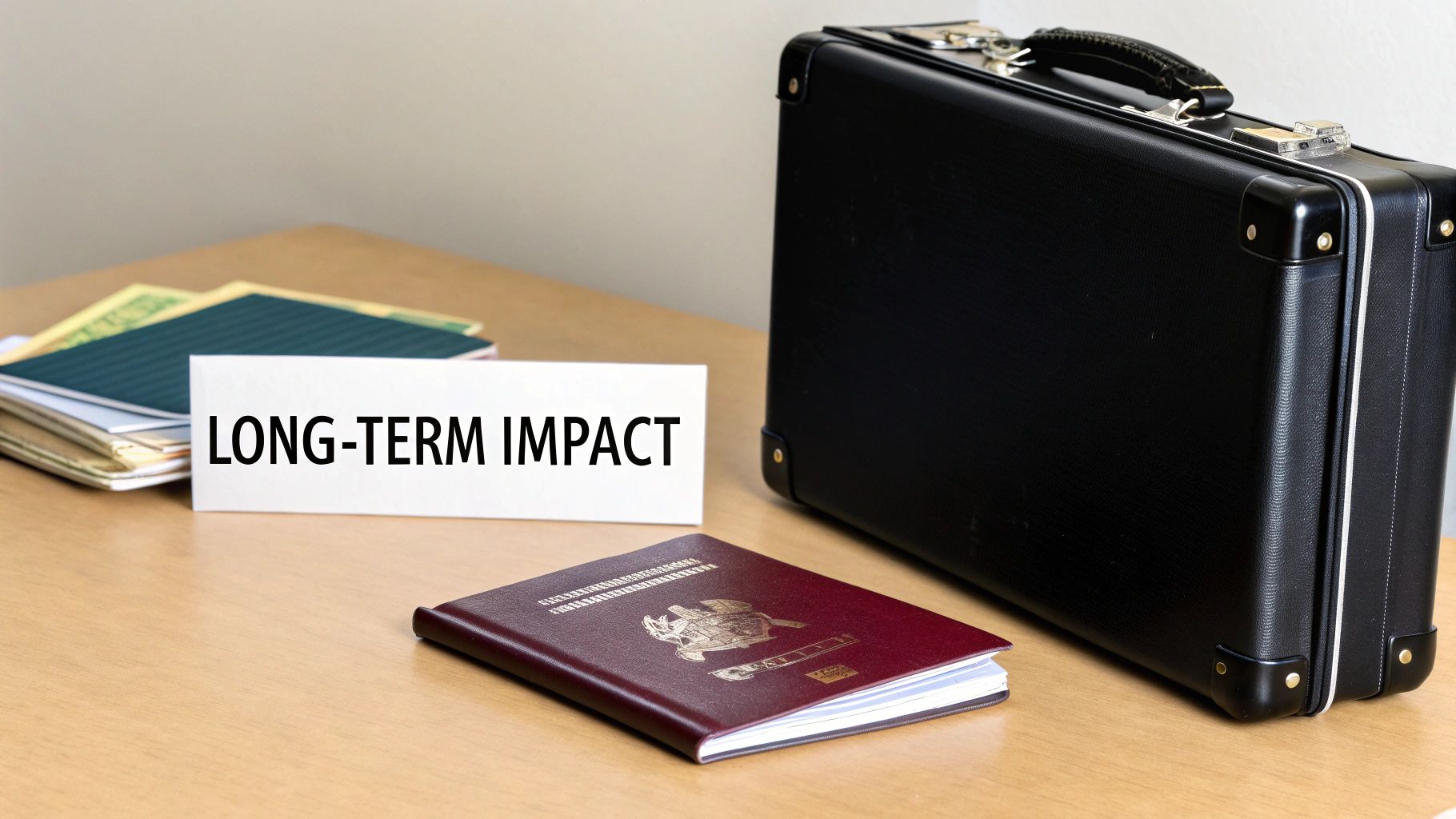 A professional desk setting with a briefcase, passport, documents, and a sign stating 'LONG-TERM IMPACT'.