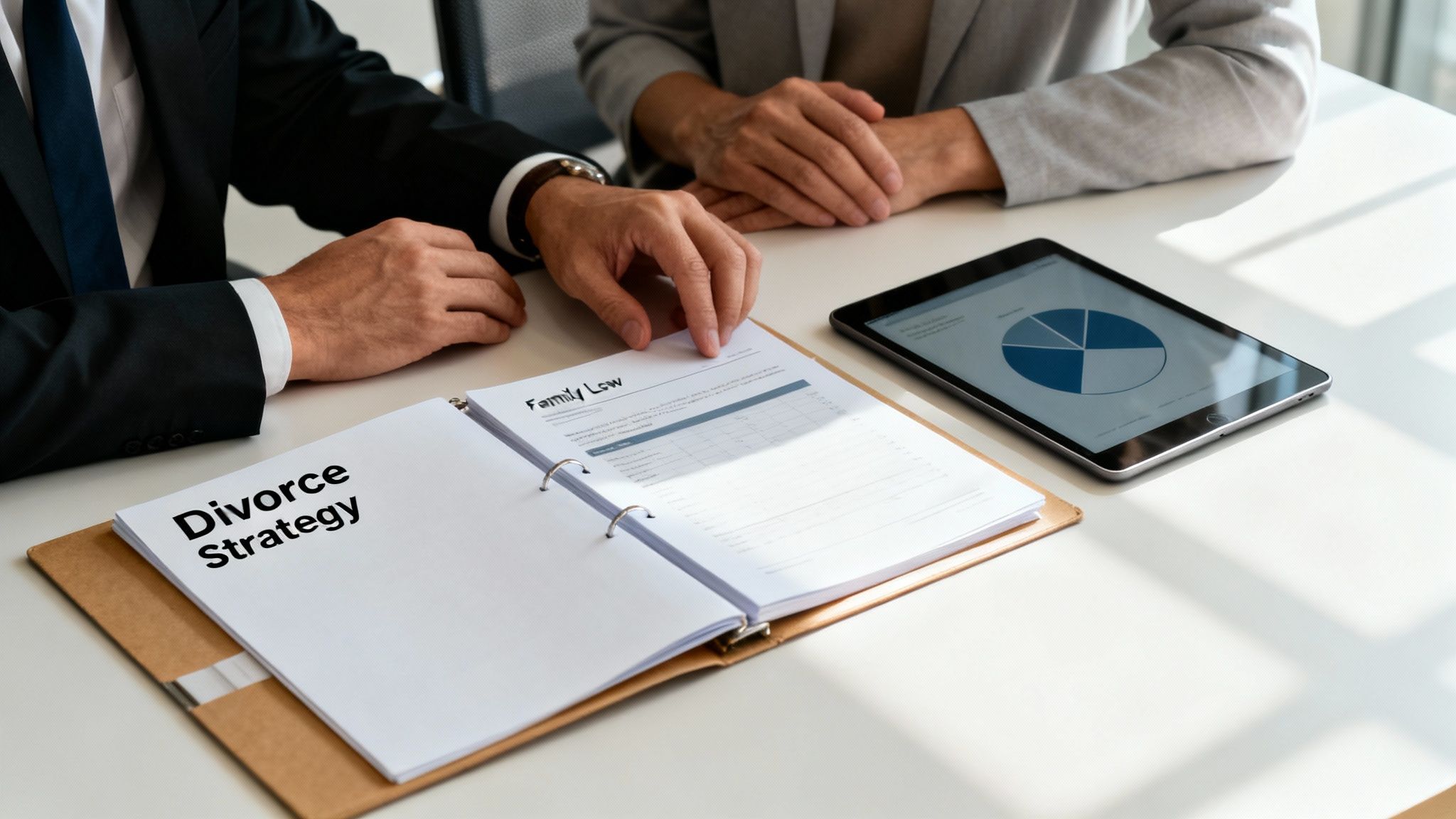 Two people discuss 'Divorce Strategy' and 'Family Law' documents with a tablet on a table.