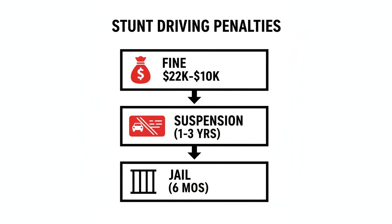 An infographic outlining stunt driving penalties including fines, license suspension, and jail time.