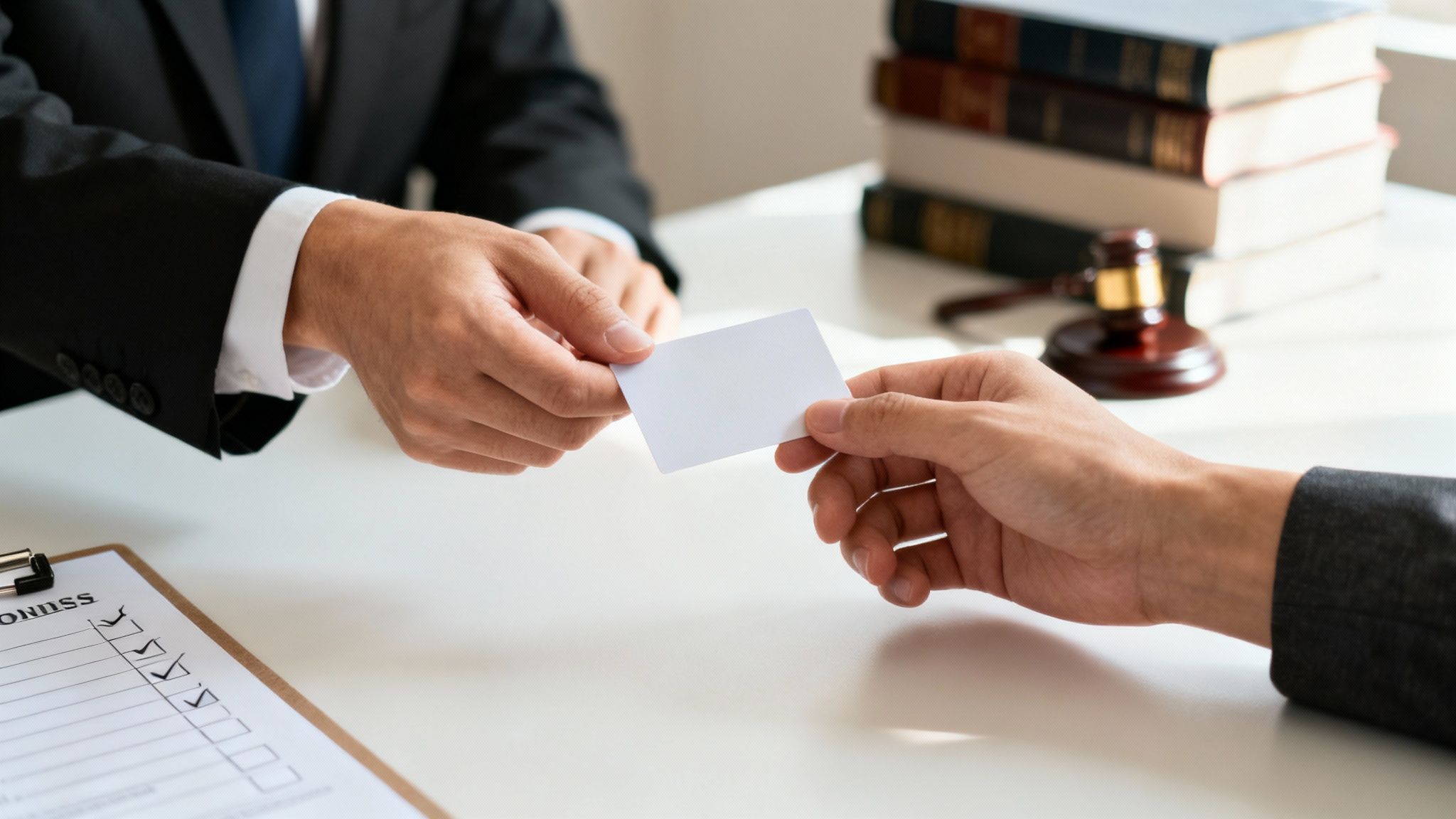 Two people, possibly lawyers, exchanging a blank business card across a white table with legal books and a gavel.