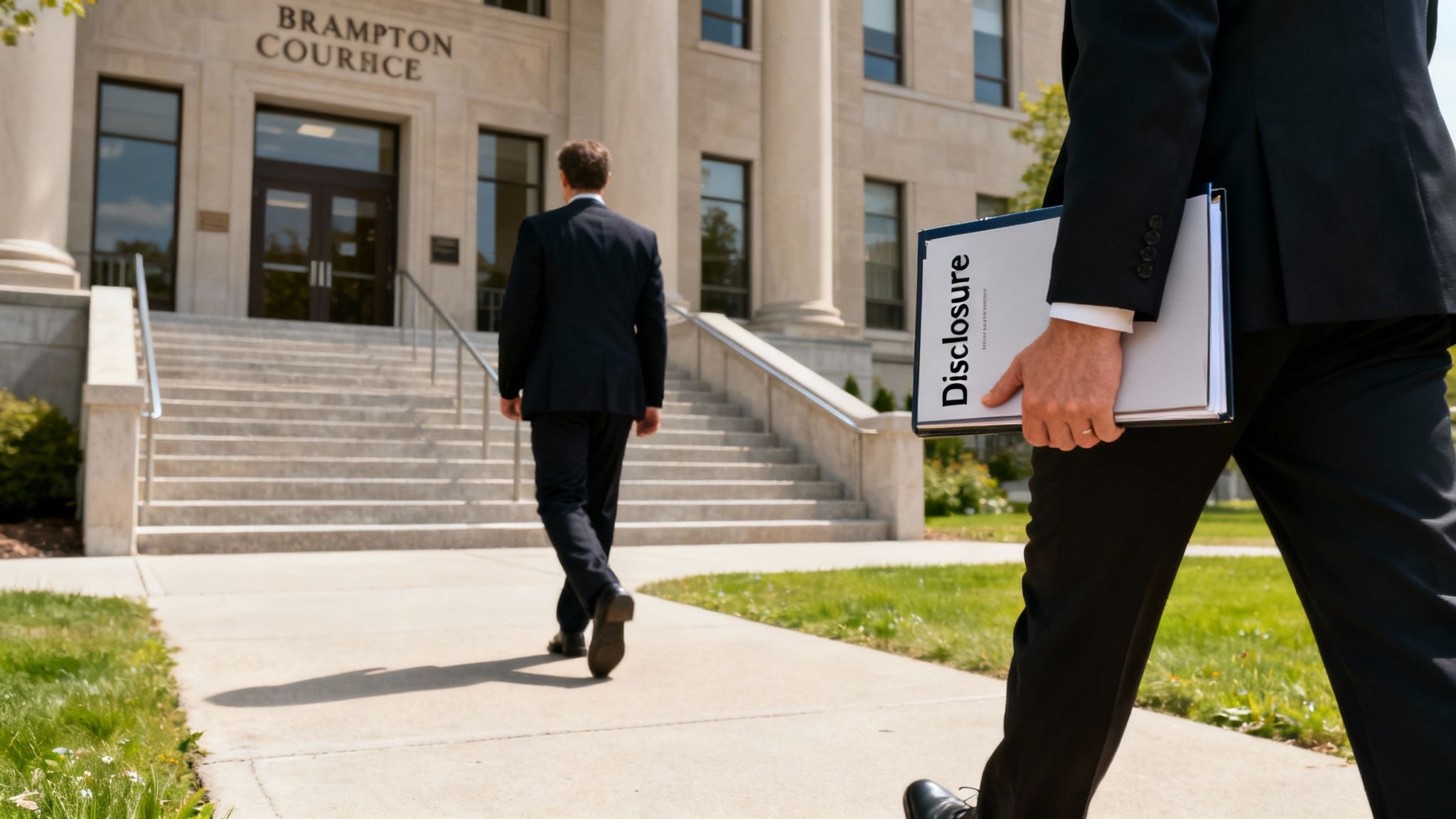 Two men in suits walk towards a courthouse, one holds a folder labeled 'Disclosure'.