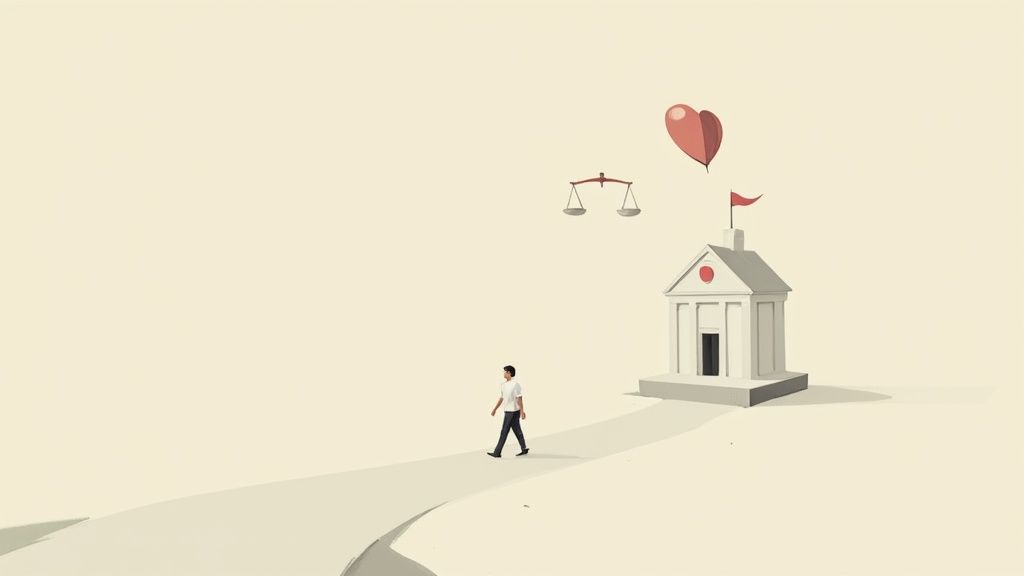 A man walks on a winding path towards a building with scales of justice and a heart balloon.