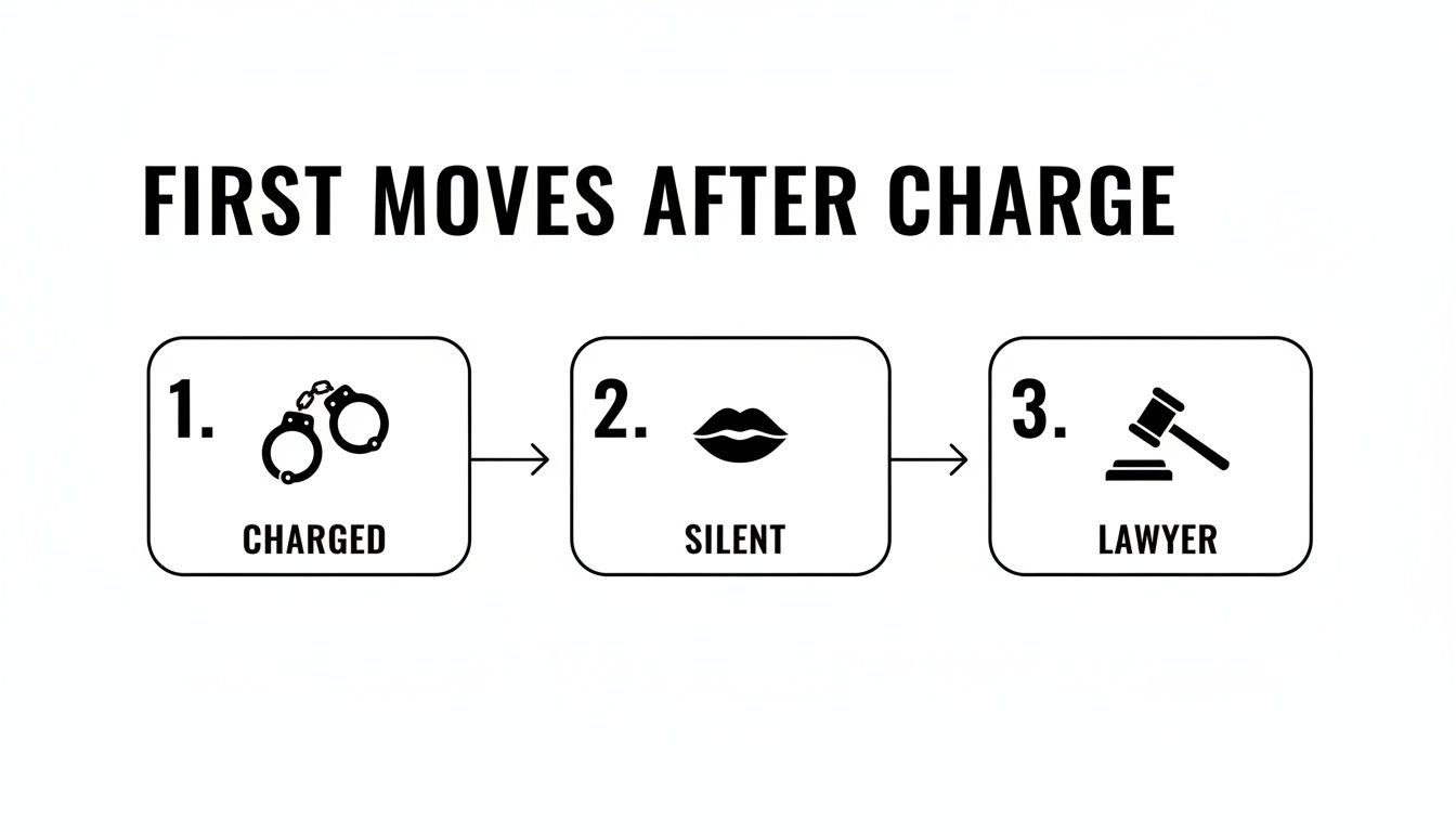 Infographic outlining the critical first moves after a criminal charge: charged, remain silent, then lawyer.