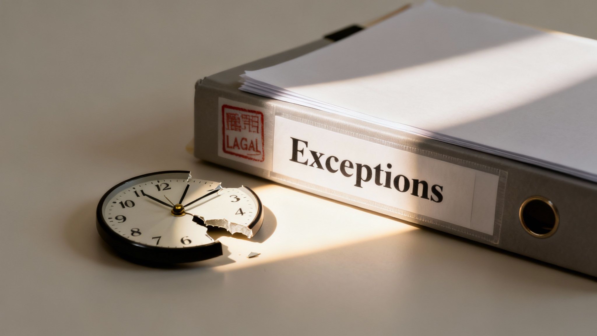 Legal exceptions binder with broken clock symbolizing statute of limitations time constraints in Canada