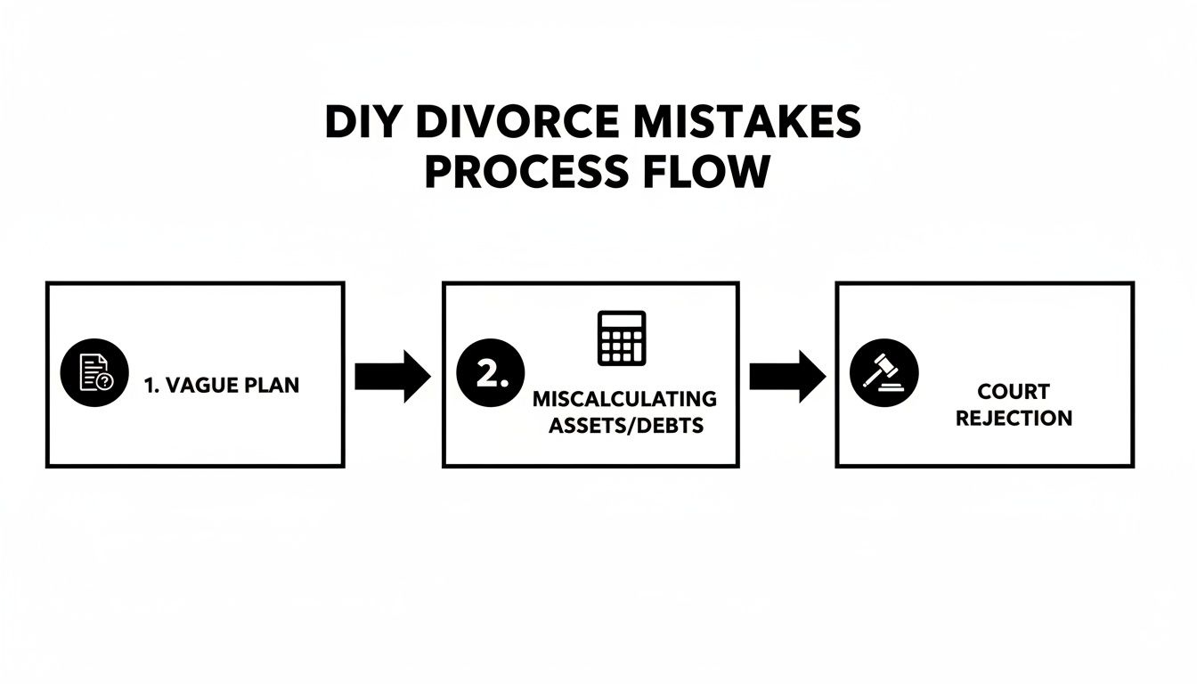 A DIY divorce mistakes process flow diagram showing three steps: Vague Plan, Miscalculating Assets/Debts, and Court Rejection.