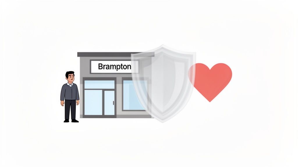 A cartoon man next to a Brampton building with a shield and a heart, symbolizing protection and care.