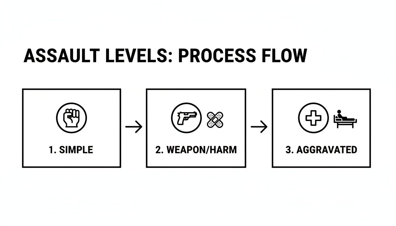 Process flow diagram showing increasing severity of assault from simple to weapon/harm to aggravated levels.