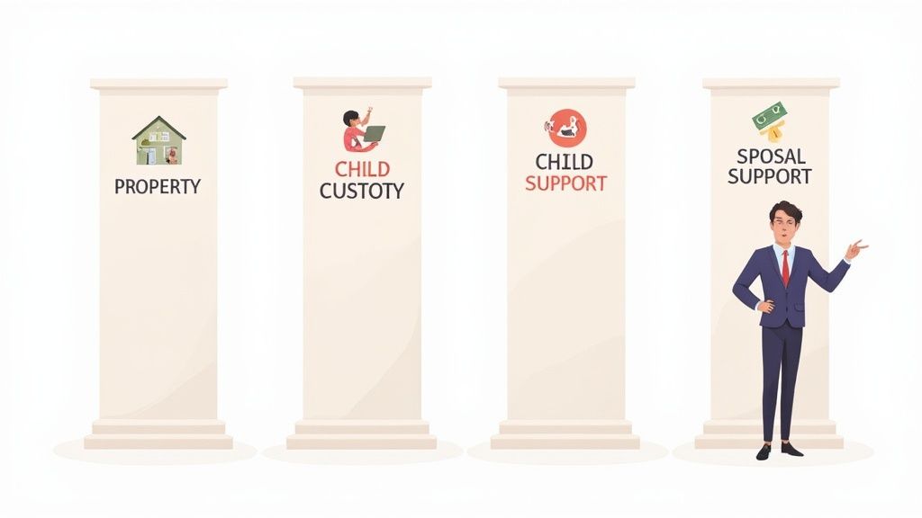 Four pillars representing family law topics: property, child custody, child support, and spousal support, with a lawyer.