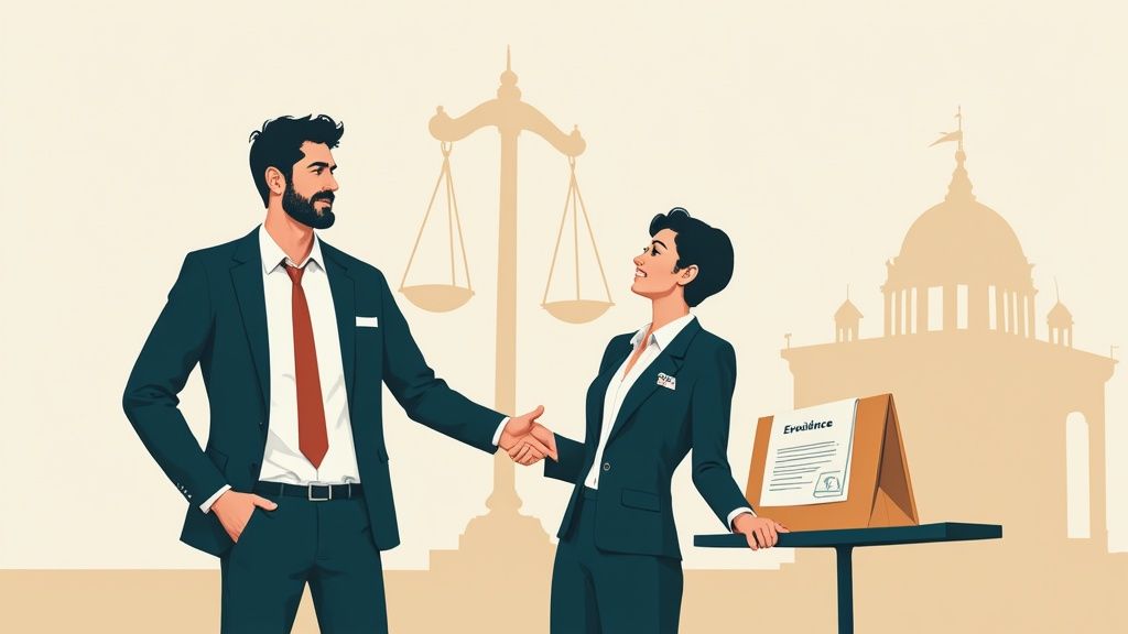 Two legal professionals, a man and a woman, shake hands in front of scales of justice and a courthouse.