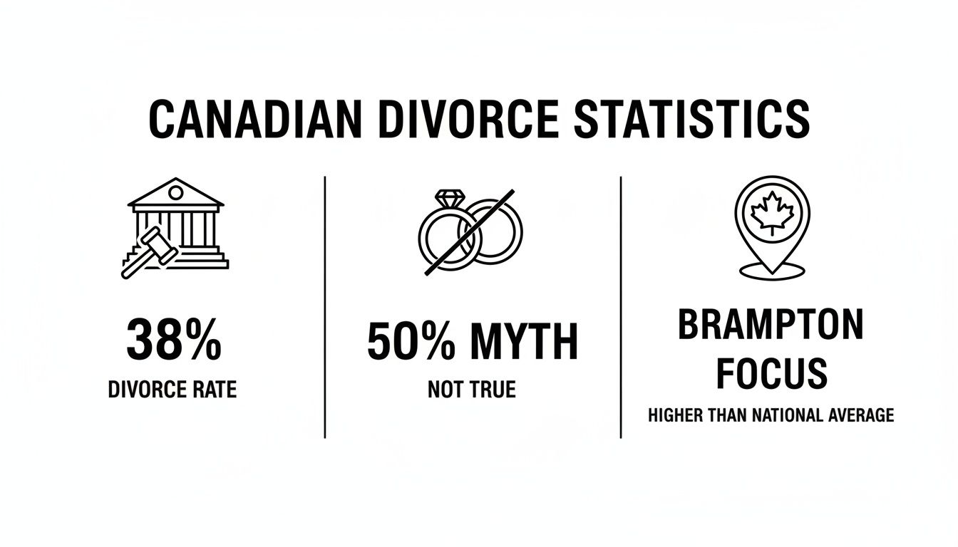 Canadian divorce statistics infographic showing a 38% divorce rate, debunking the 50% myth, and Brampton's higher average.