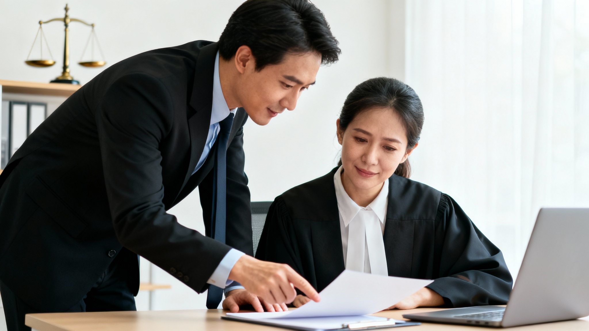 Two legal professionals reviewing documents at a desk in an office with a scale of justice.