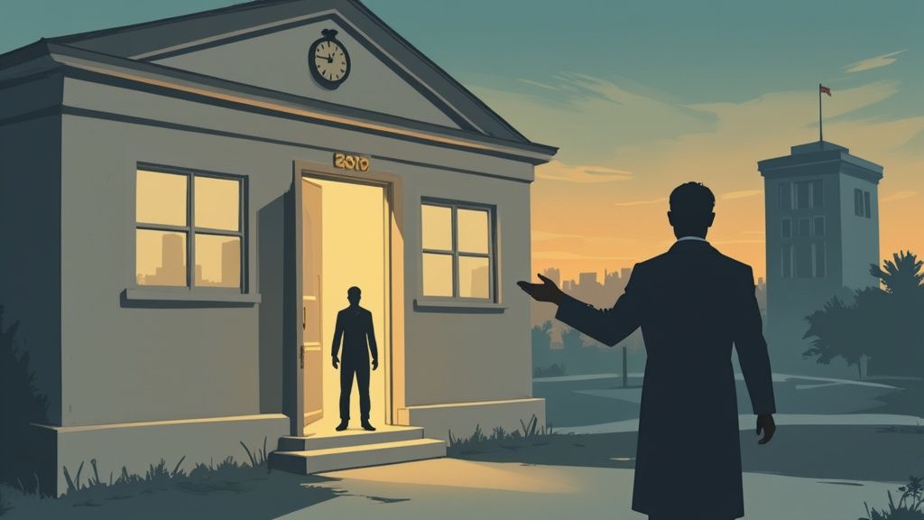 A man in a suit gestures towards another man stepping out of a building marked "2010" at sunset.