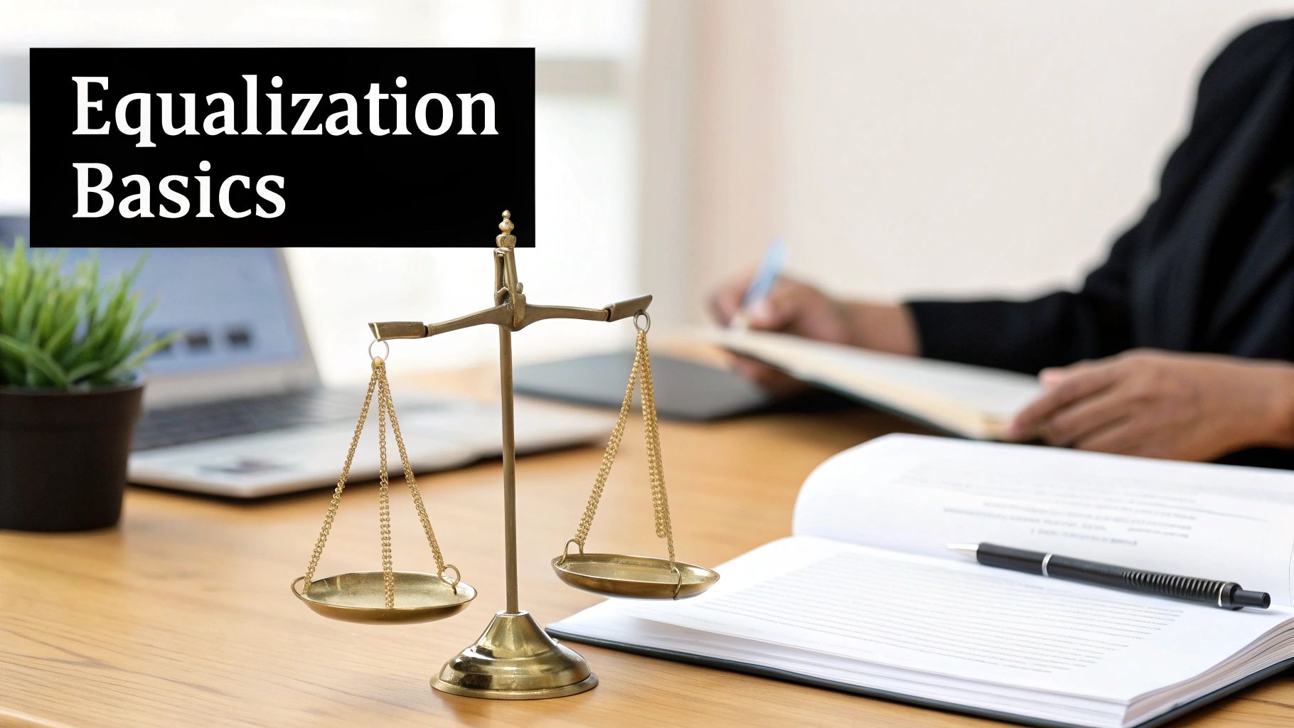 A scale of justice on a desk with an open book, pen, and laptop, highlighting 'Equalization Basics'.