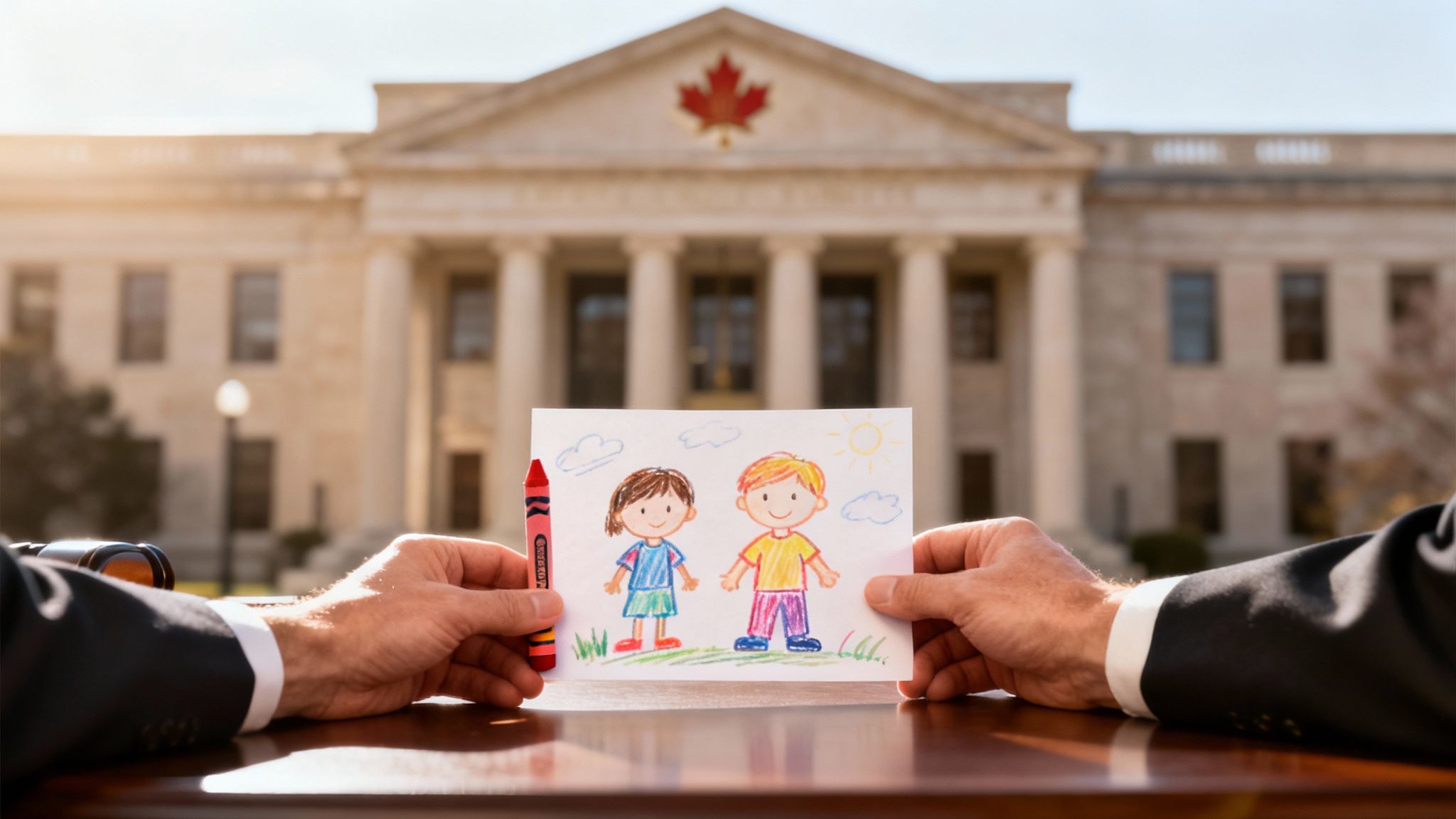 Hands hold a child's drawing of two kids and a crayon, with a Canadian courthouse in the background.
