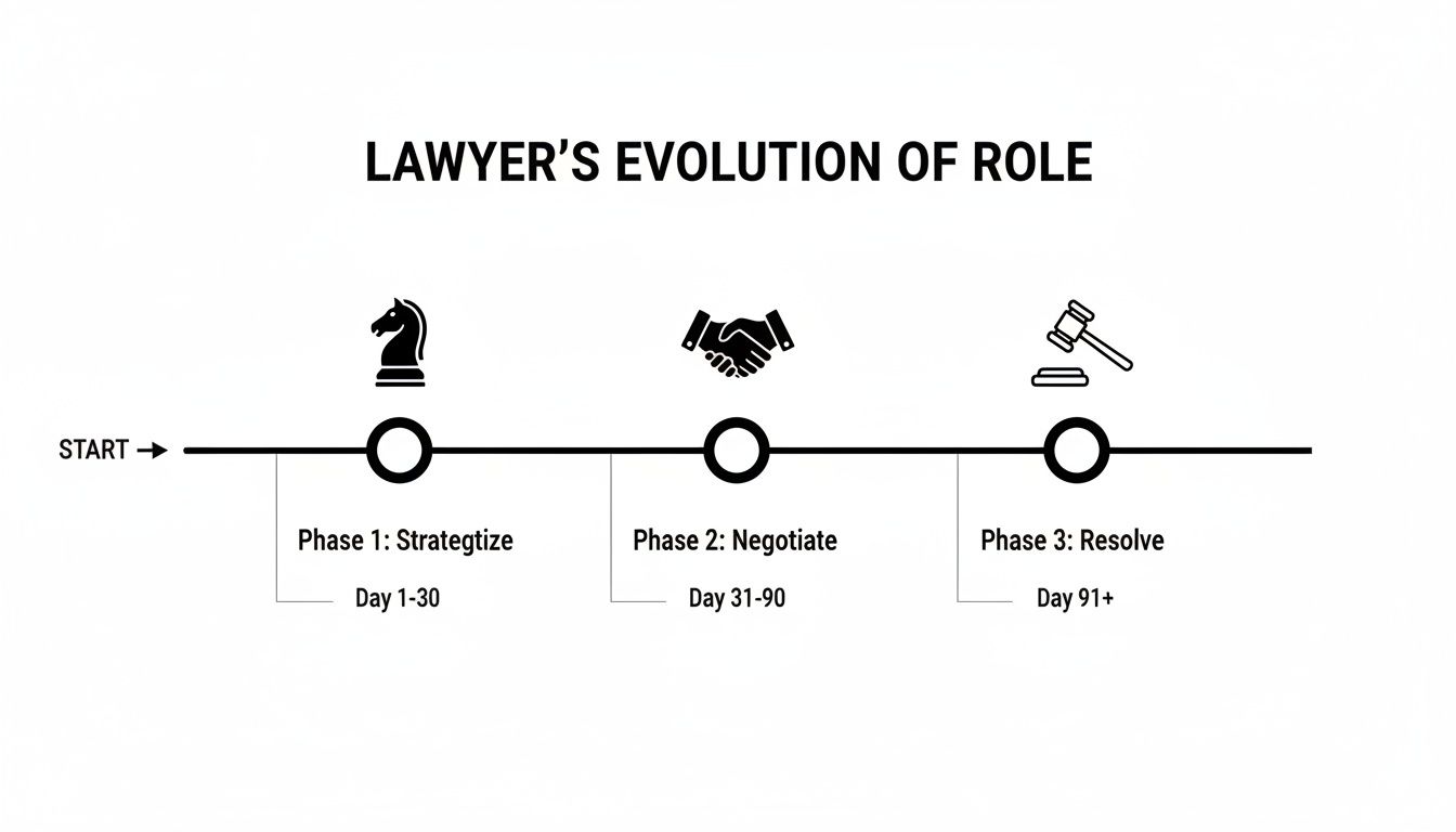 Timeline illustrating a lawyer's evolving role: strategize, negotiate, and resolve phases with associated days.