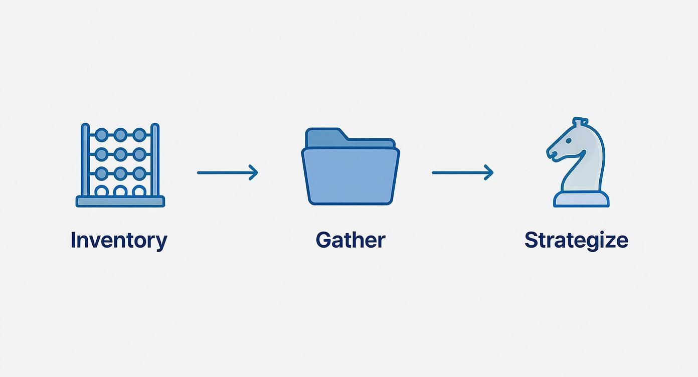 A blue icon diagram illustrates a three-step process: Inventory (abacus), Gather (folder), and Strategize (chess knight), connected by arrows.