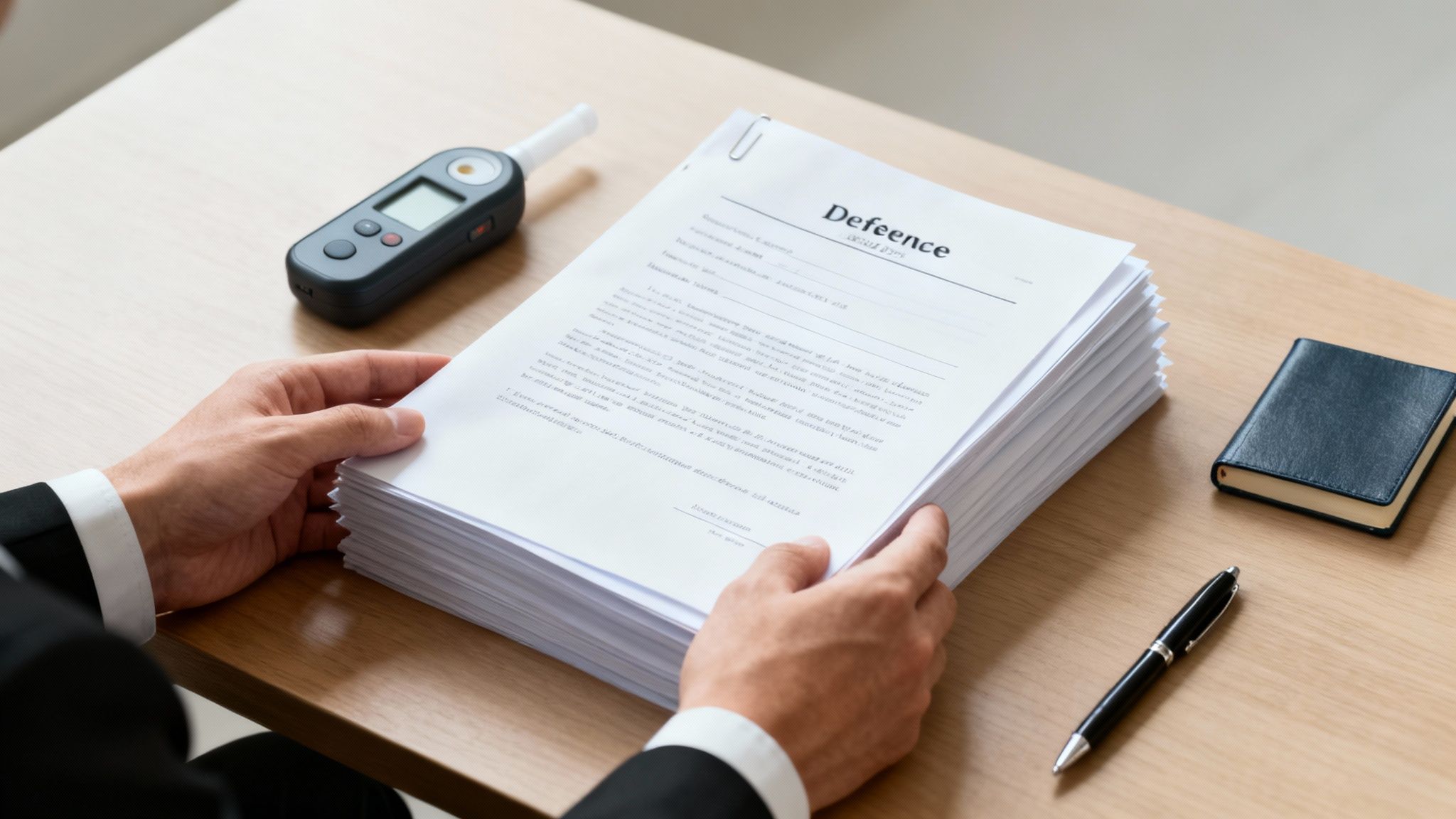 A person in a suit holds 'Defeence' papers next to a breathalyzer, pen, and notebook on a wooden desk.