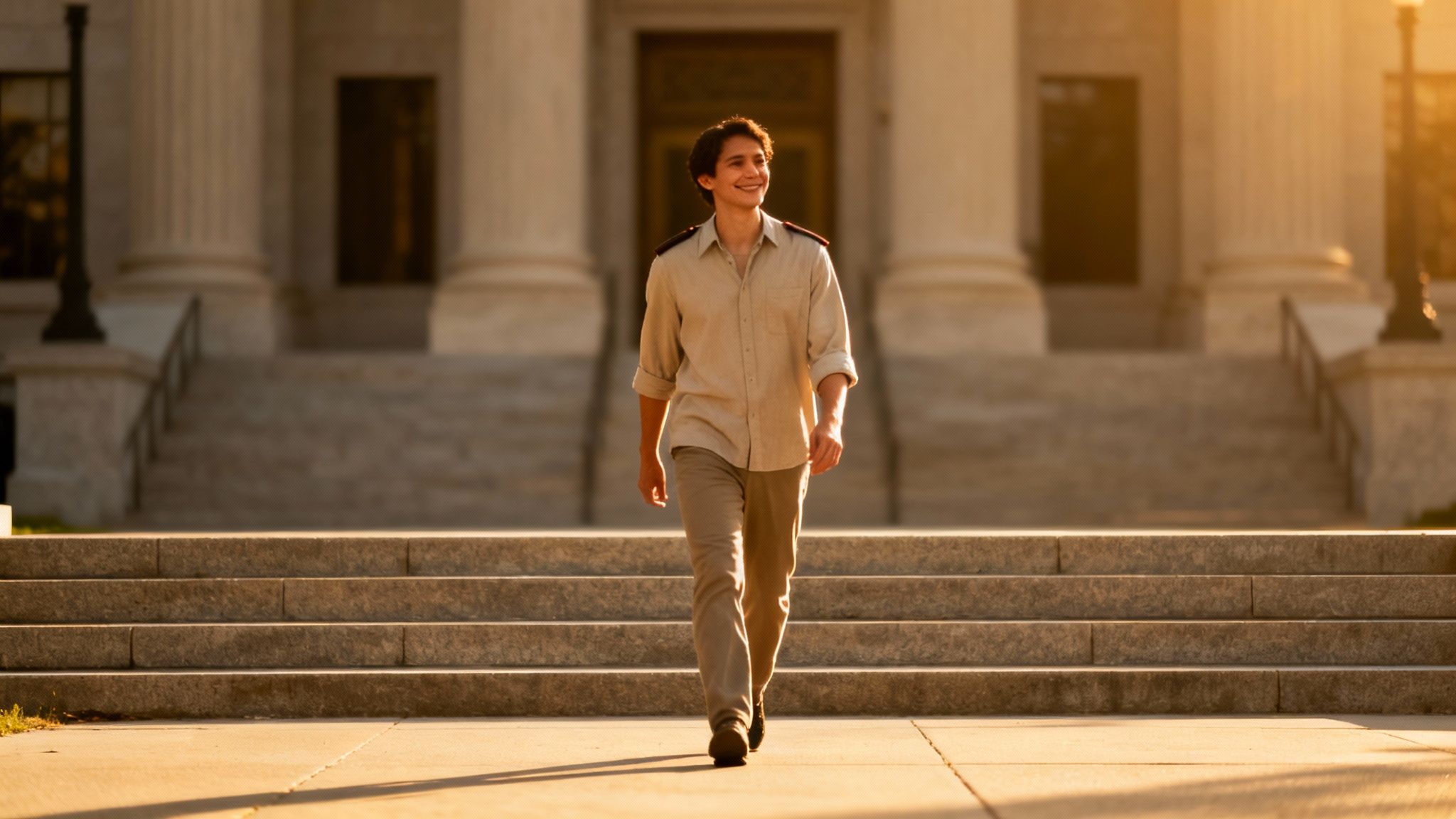 A cheerful young man descends stone steps outside a large building during golden hour.