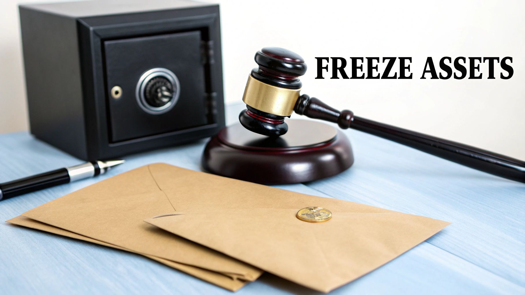 A gavel, safe, and sealed envelopes with “FREEZE ASSETS” text, symbolizing legal action.