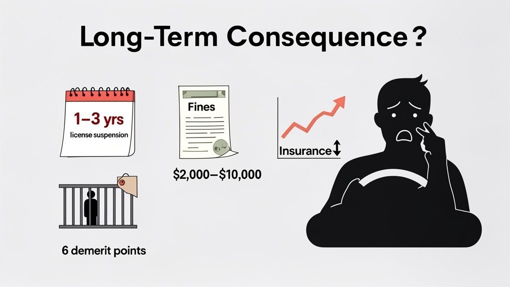 Infographic details severe long-term consequences of stunt driving: license suspension, fines, higher insurance, demerit points, and potential jail.