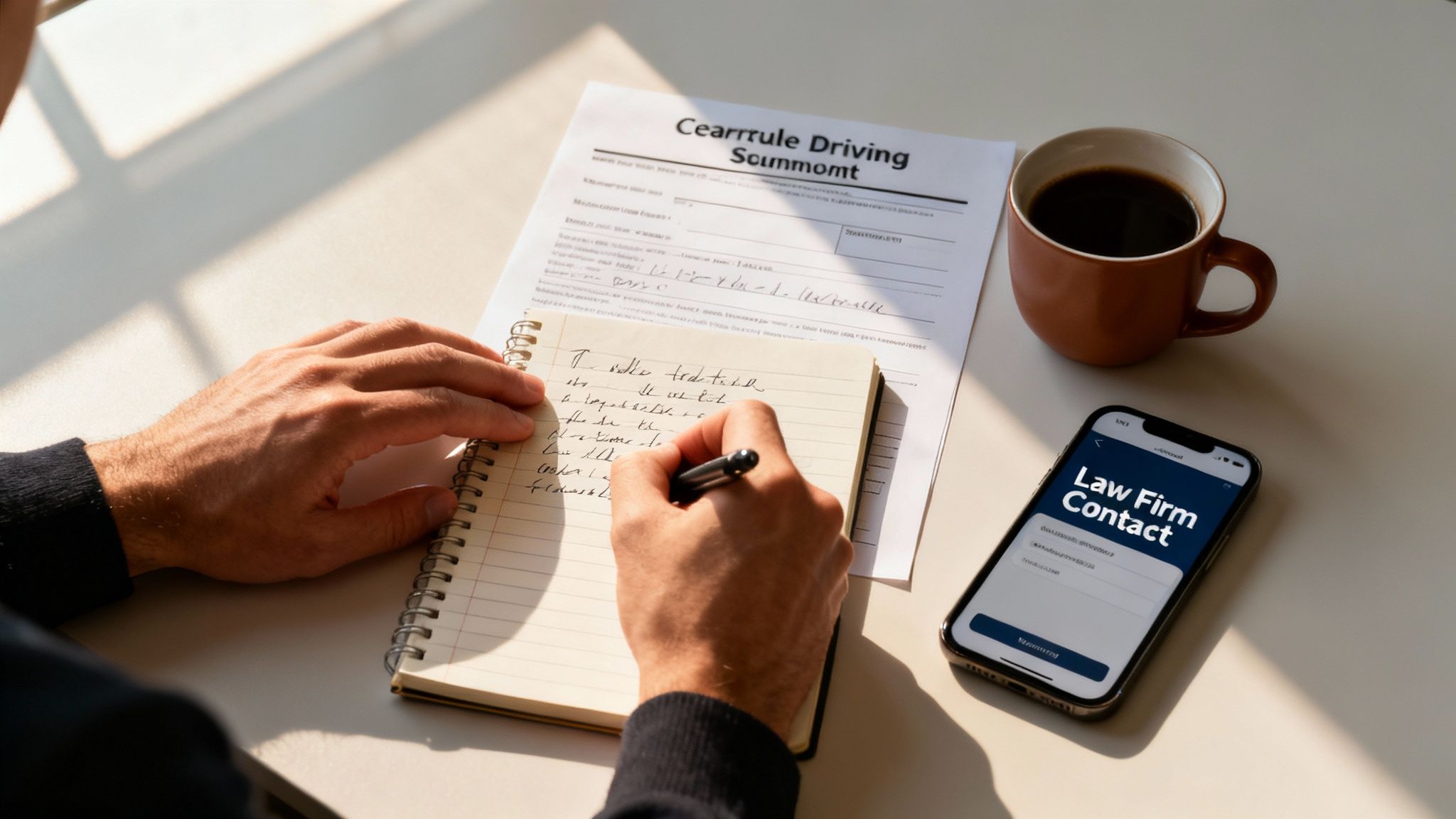 A person is writing notes in a notebook next to a driving summons document, coffee, and a phone with law Firm contact.