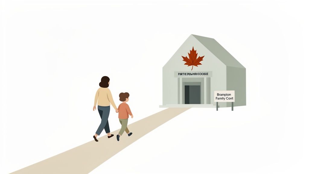 A woman and child walk hand-in-hand towards Brampton Family Court, featuring a Canadian maple leaf.