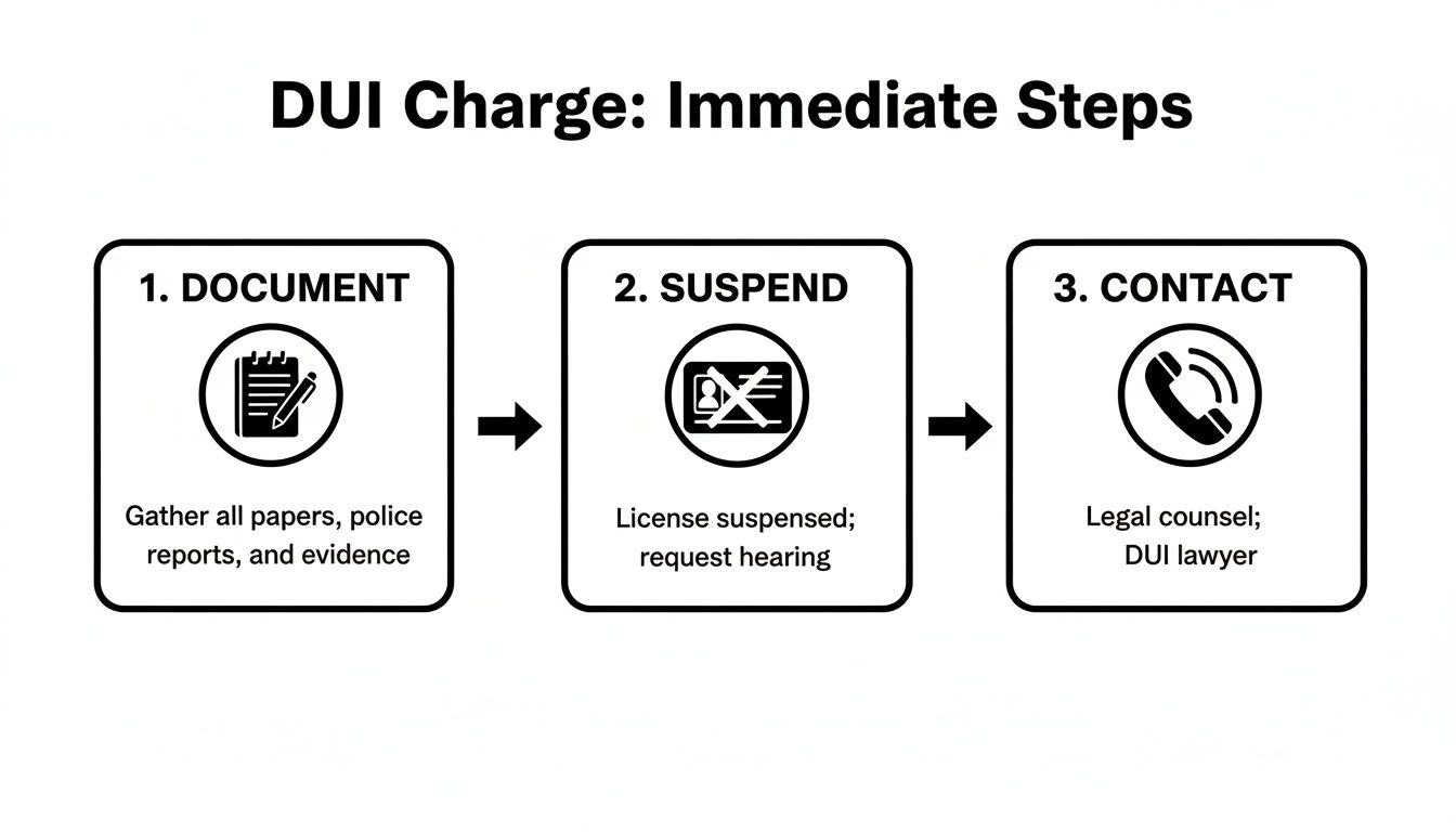 A flowchart outlining three immediate steps to take after a DUI charge: document, suspend, and contact.