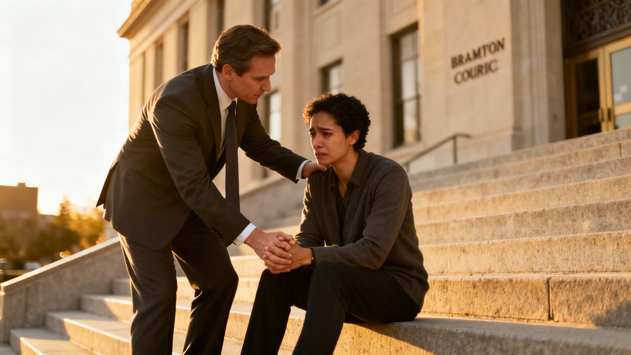 A criminal defense lawyer comforts a distressed woman on courthouse steps during golden hour.